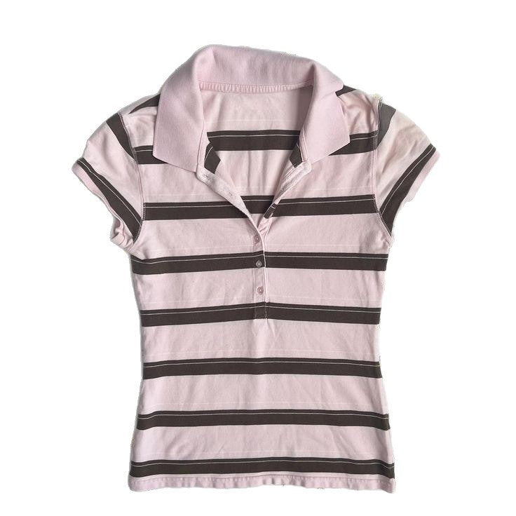 Slim Fit Slimming And Simple Casual Striped Polo Collar Top