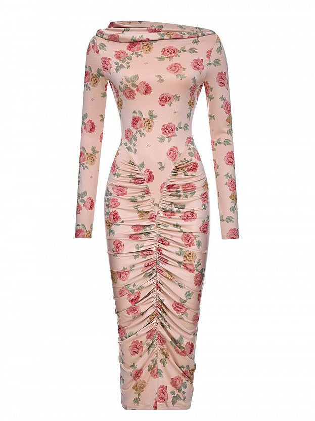 Elegant Floral Off-the-shoulder Pleated Midi Dress