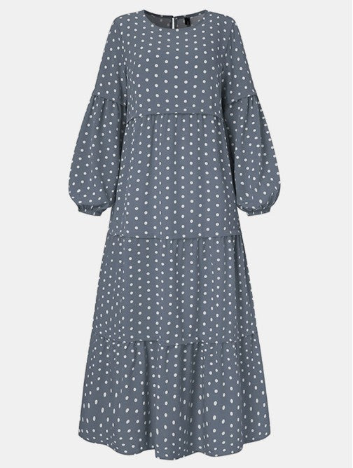 Polka Dot Print Round Neck Puff Long Sleeve Stitching Maxi Dress