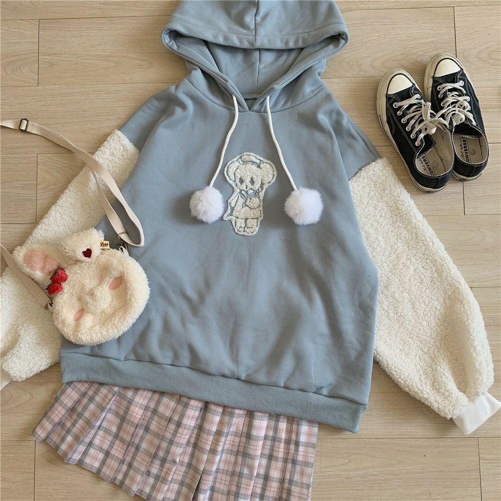 Autumn Kawaii Lolita Women Hooded Sweatshirt Solid Lamb Embroidery Patchwork Fleece Long Sleeve Hoodies Pullover Velvet Moletom