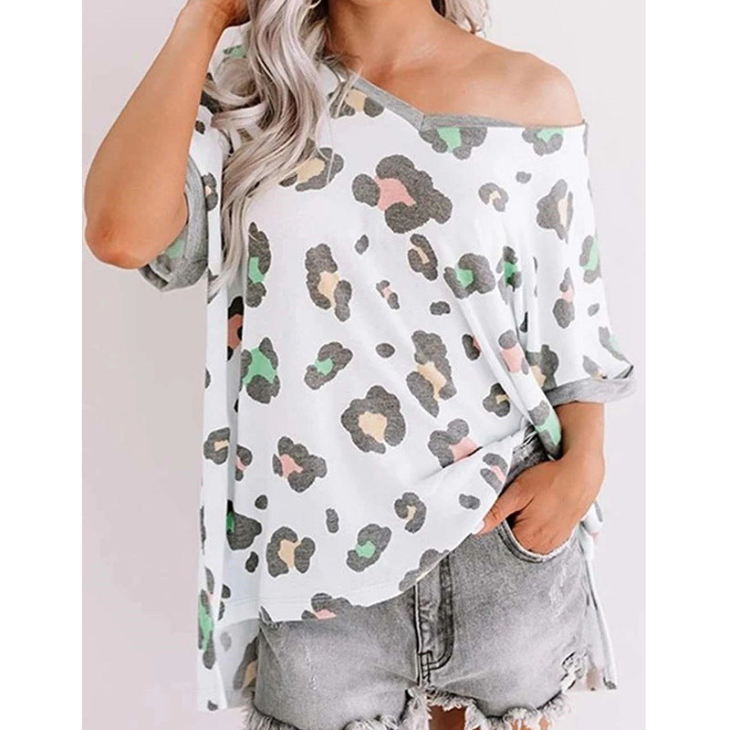 Leopard Print Top V-neck Short-sleeved T-shirt Women