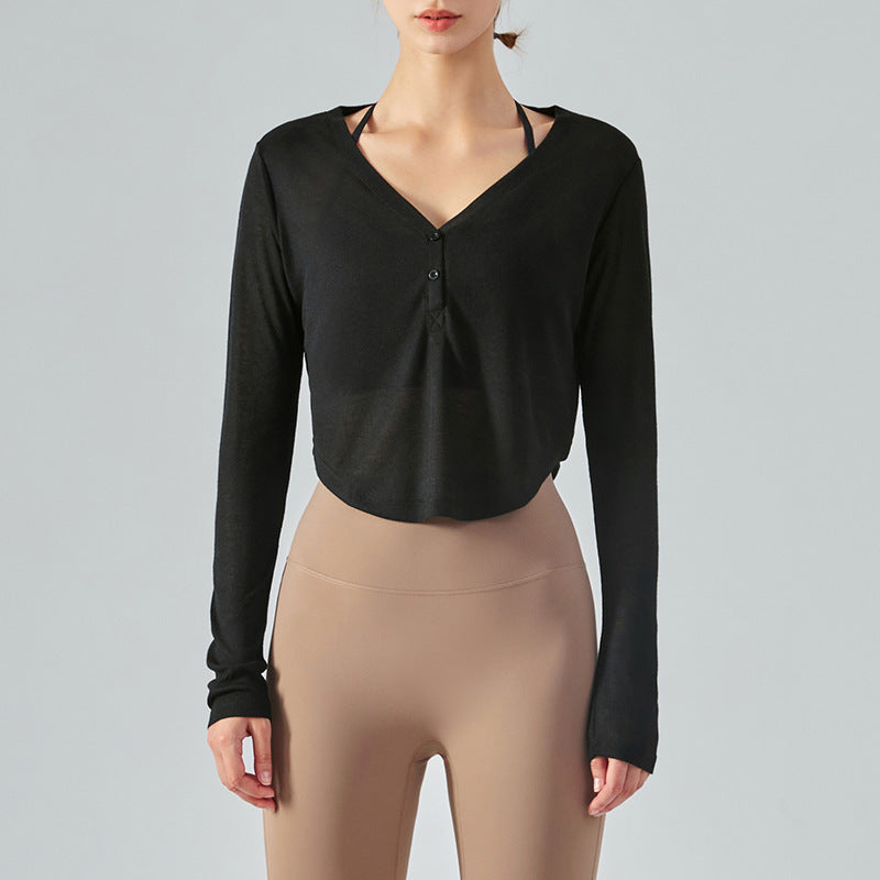 Loose V-neck Yoga Blouse Long Sleeve T-shirt Casual Draping Effect