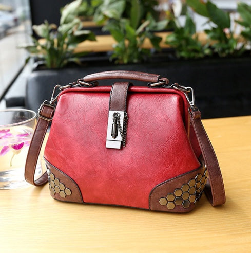 Women Handbag Leather Small Doctor Bag Women Shoulder Bag Female Crossbody Handbag Lock Chain Rivets Girls Vintage Women Bags
