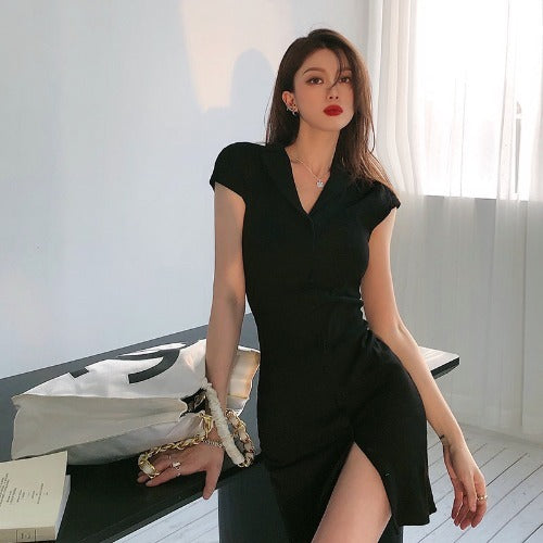 Polo Collar Knitted Dress Bag Hip Skirt