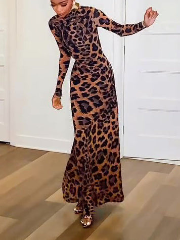 Leopard Print Mock Neck Maxi Dress