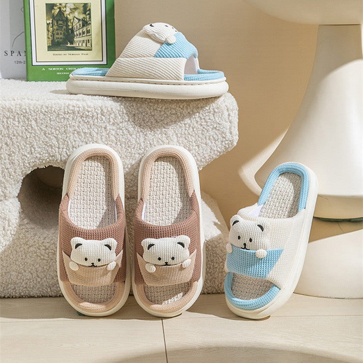 Cute Cartoon Bear Slippers Spring And Autumn Fashion Thick-soled Mute Linen Slipper Women's House Shoes