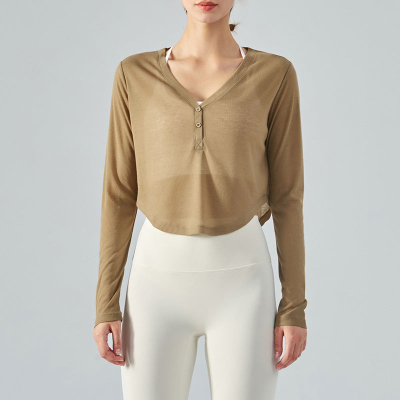 Loose V-neck Yoga Blouse Long Sleeve T-shirt Casual Draping Effect