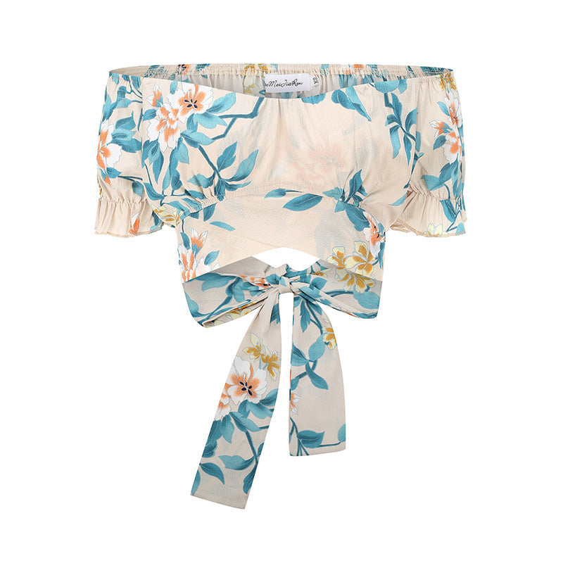 Fashion Word Neck Print Short-Sleeved Blouse Slim Slim Sexy Tube Top Women