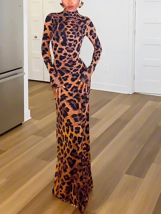 Leopard Print Mock Neck Maxi Dress