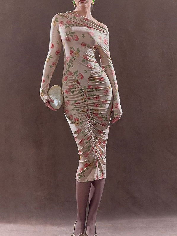 Elegant Floral Off-the-shoulder Pleated Midi Dress