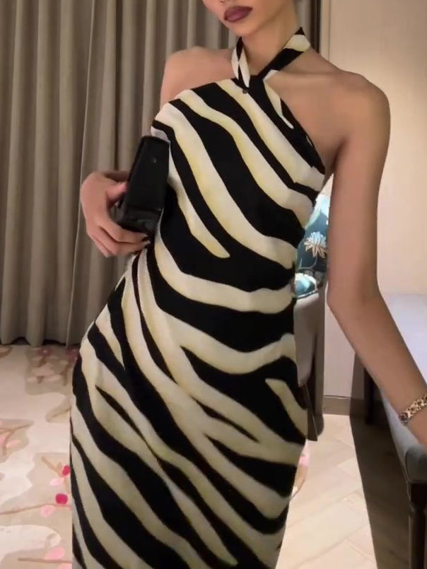 Elegant Halterneck Zebra Print Dress