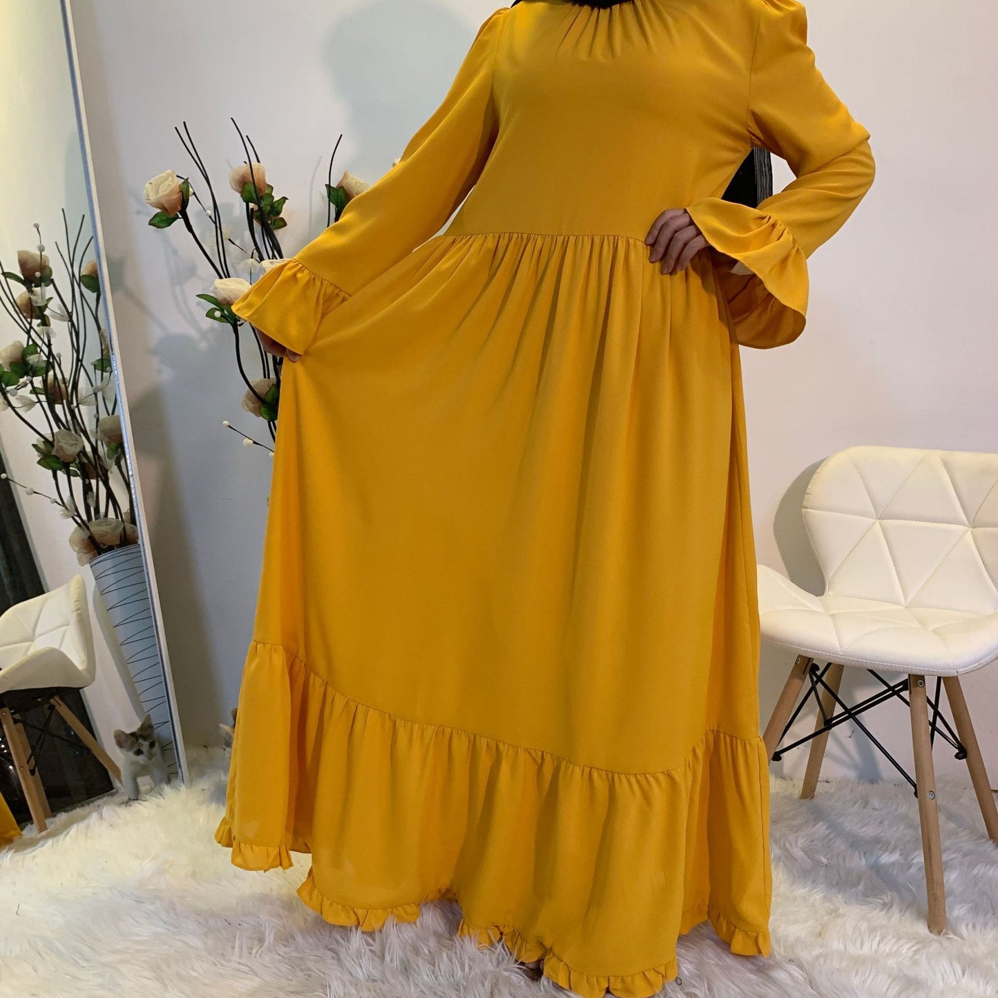 Women's Fashion Simple Casual Solid Color Flared Long Sleeve Maxi Dress