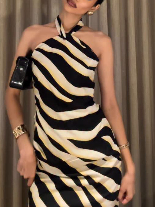 Elegant Halterneck Zebra Print Dress