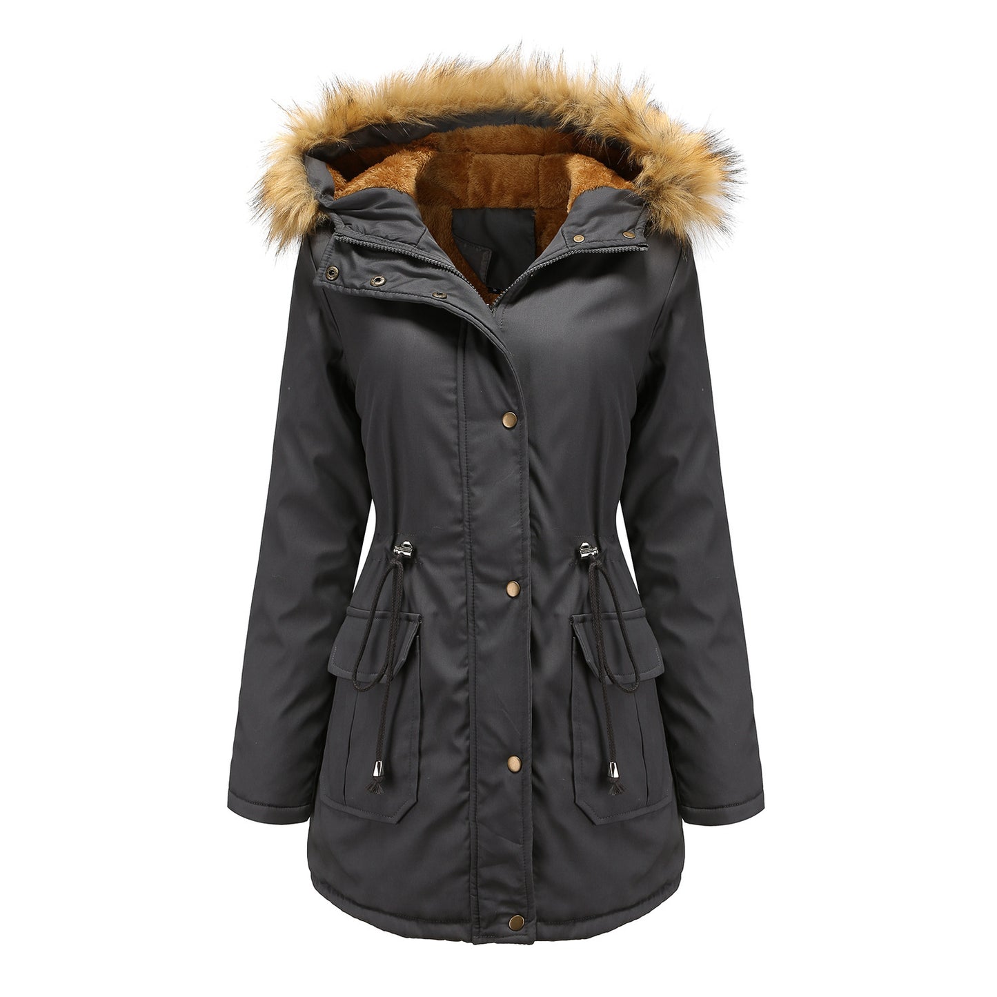 Women's Hooded Fur Collar Fleece-lined Warm Jacket