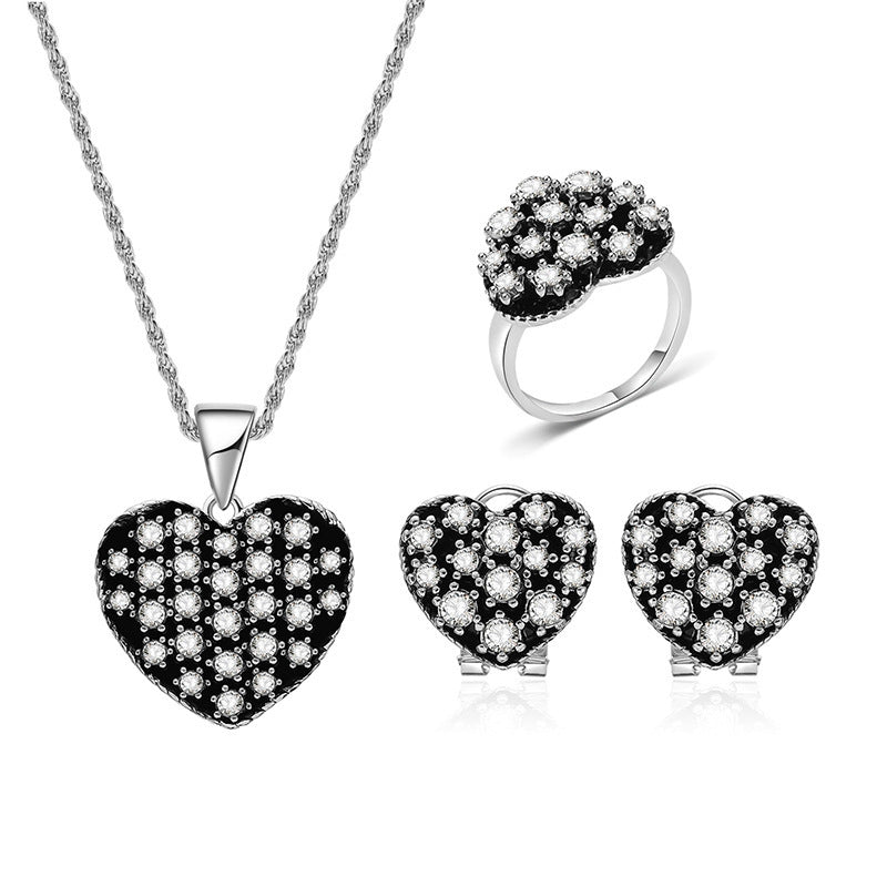 Retro Ethnic Style Love Heart Shape Necklace Earrings Ring Jewelry Three-piece Bridal Jewelry