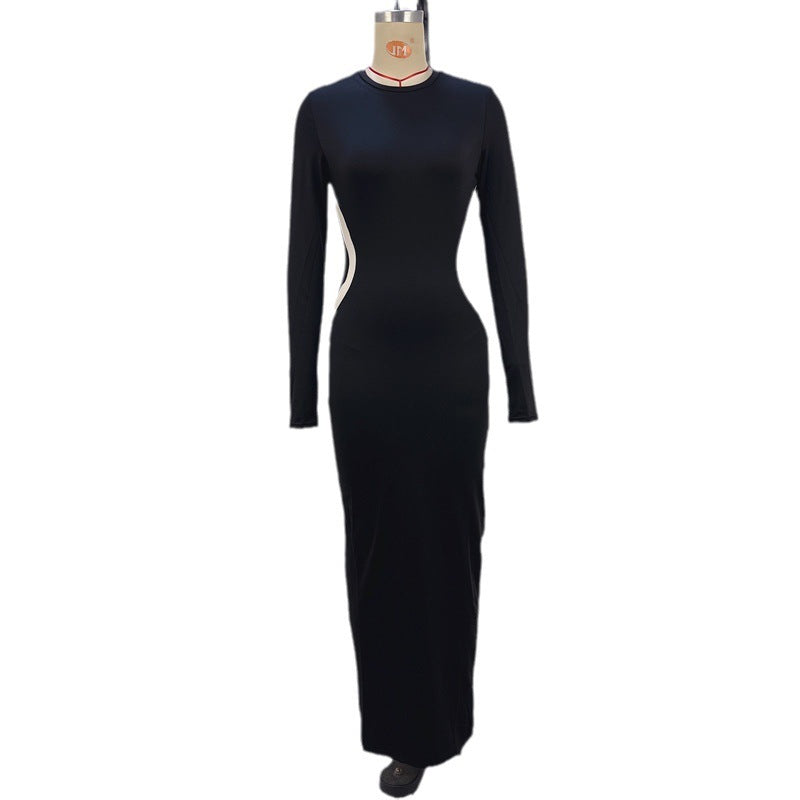 Colorblock Slim Fit Round Neck Long Sleeves Finger Stall Dress