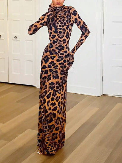 Leopard Print Mock Neck Maxi Dress