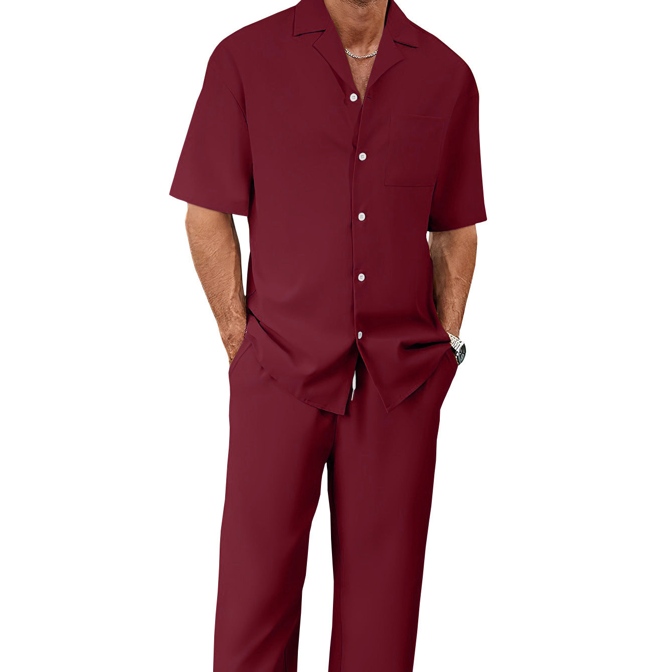 Men's Casual Short Sleeve Shirt and Long Pants Two-Piece Outfit