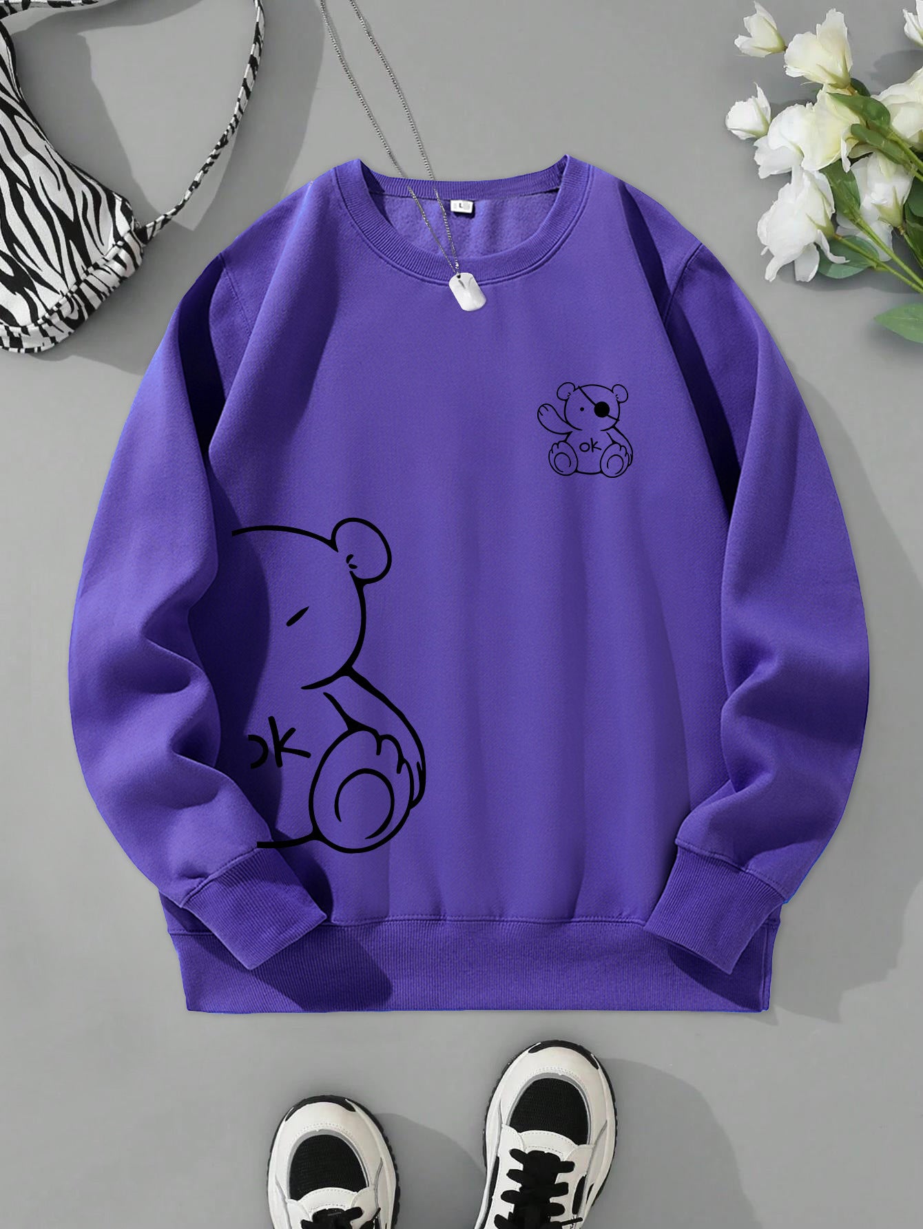 Kawaii OK Teddy Bear Printing Sweatshirts For Women Classic