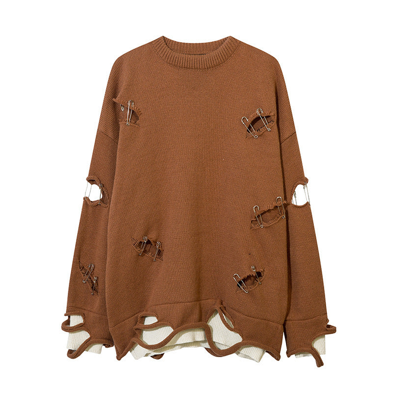Ripped Hollow-out Decorative Pin Knitwear