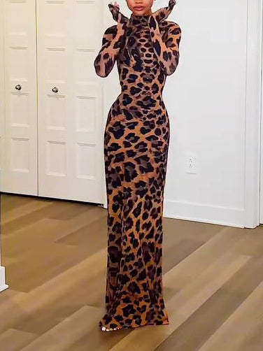 Leopard Print Mock Neck Maxi Dress