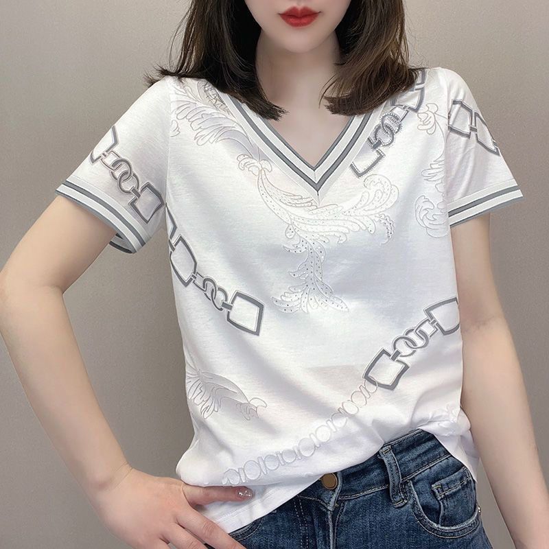 Color Matching Polo Collar Printed Rhinestones Short Sleeve Women's Top