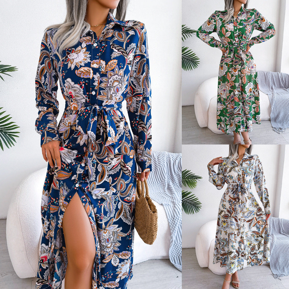 Women's Floral Print Long Sleeve Button-Down Maxi Shirt Dress