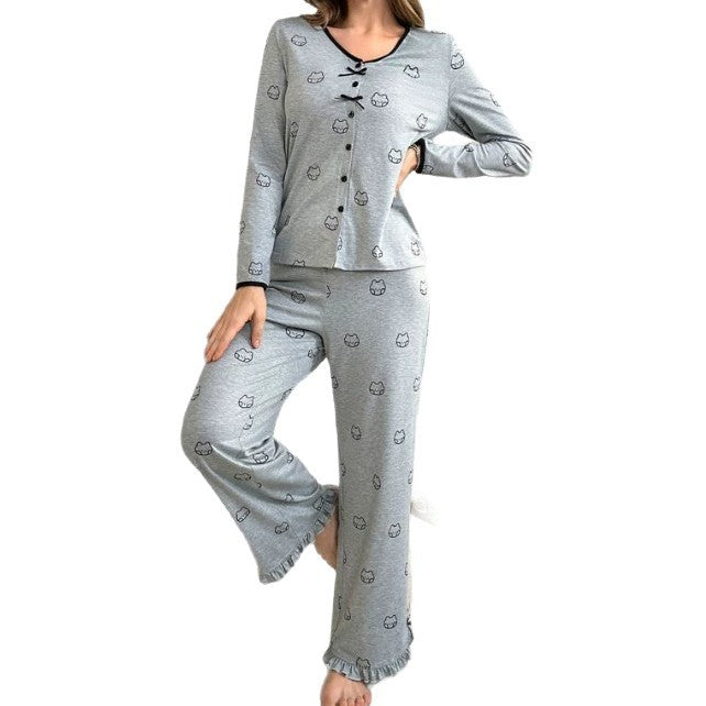 Ladies' Printed Bow Pants With Wooden Edge And Ear Sleepwear