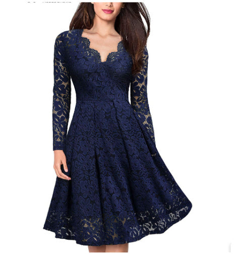 Women Dresses V-Neck Off Shoulder Lace Evening Party Dress Long Sleeve Dress Spring Autumn Vestido Invierno Mujer