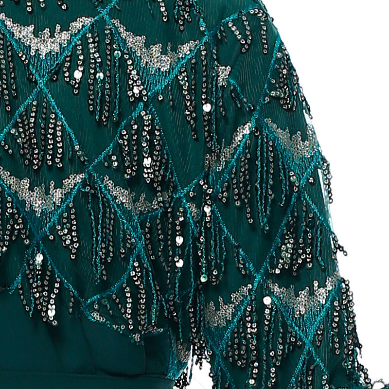 Sequined Tassel Chiffon Outer Flare Sleeve Female Muslim Long Skirt