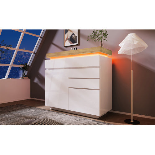 Chest Of Drawers,High-gloss Sideboard Cabinet With 2 Doors And 3 Drawers,Storage With RGB LED App-controlled,Multi-purpose Cabinet For Living Room And Bedroom, 115 X 110 X 39 Cm, White