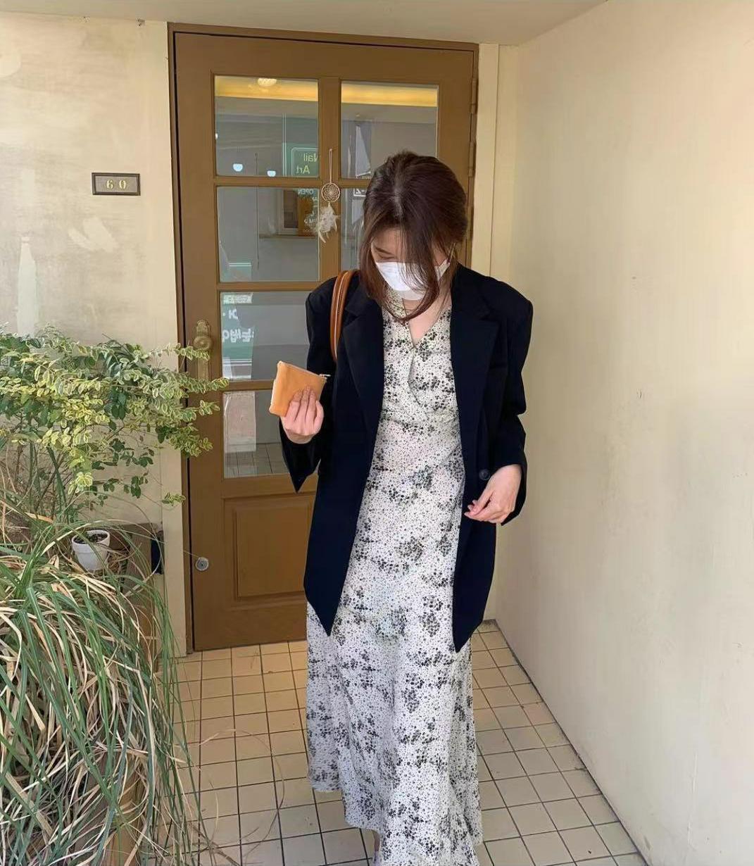 Elegant V Neck Printed Puff Sleeves High Waist Slim Long Dress