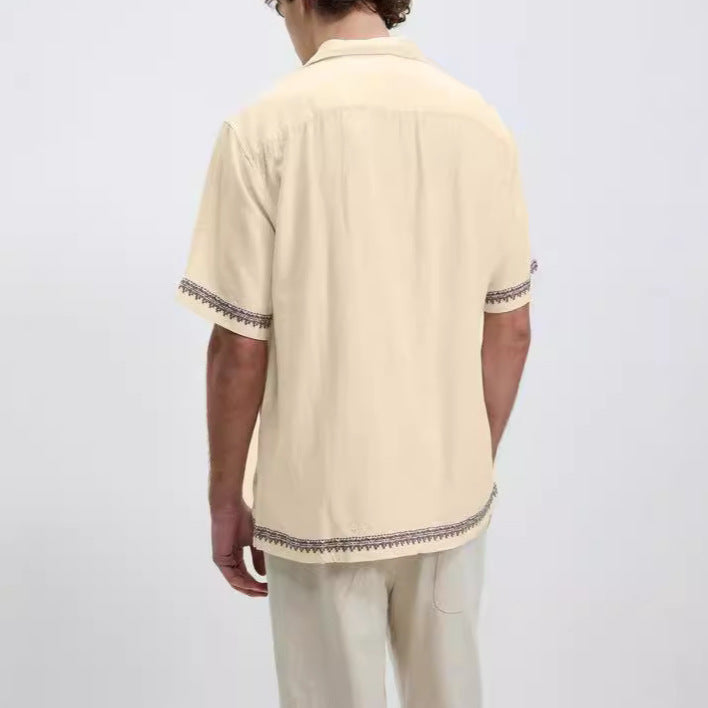 Summer Casual Loose Short Sleeves Vintage Print Lapel Men's Shirt