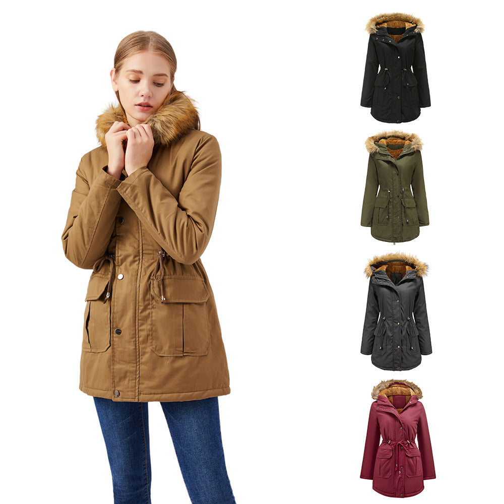 Women's Hooded Fur Collar Fleece-lined Warm Jacket