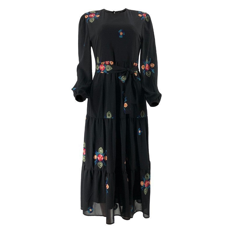 Muslim New Pure Color Embroidery With Belt Fashion Elegant Dress