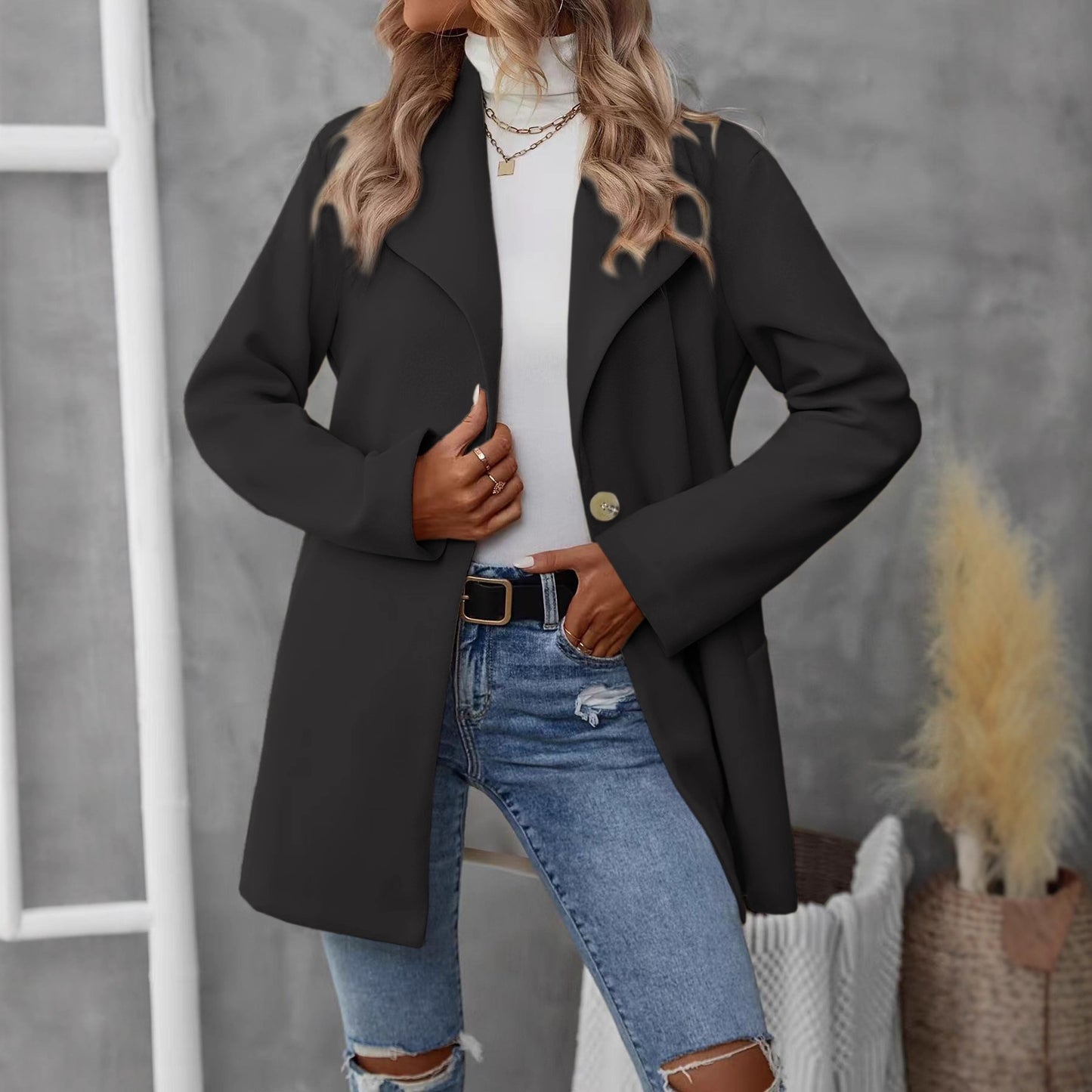 Polo Collar Cardigan Woolen Coat For Women