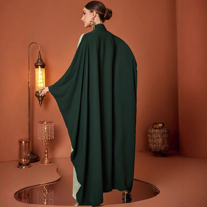 Dark Green Color Matching Handmade Embroidered Beads Batwing Sleeve Cloak Muslim Fashionable Elegant Gown