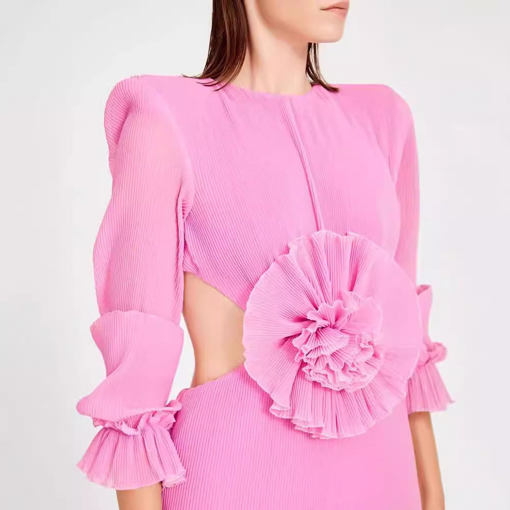 Women's Backless Long Sleeves Bandage Floral Dress Slim Fit Skirt