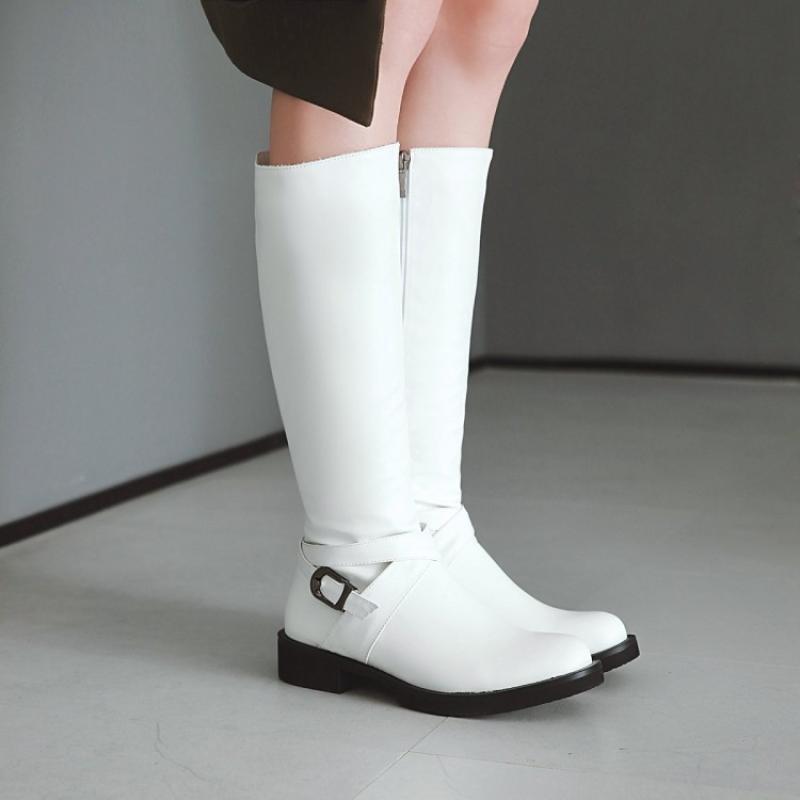 Womens Boots Shoes Flat Knee High Pu Leather  Buckle Riding Calf