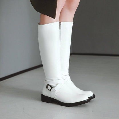 Womens Boots Shoes Flat Knee High Pu Leather  Buckle Riding Calf