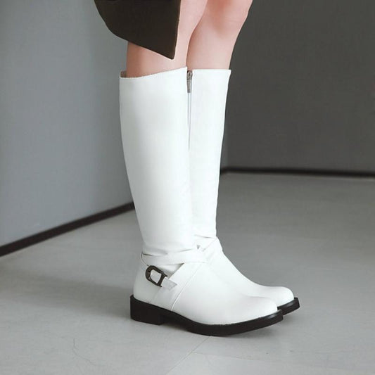 Womens Boots Shoes Flat Knee High Pu Leather  Buckle Riding Calf