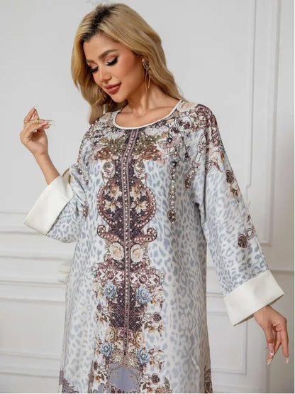 Elegant Floral Print Long Sleeve Abaya Dress