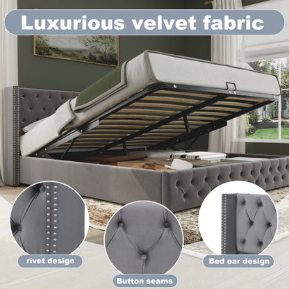 Upholstered Bed, With Hydraulic Lever, Functional Bed From Storage, 150 X 200 Cm, Without Mattress, Velvet, Gray