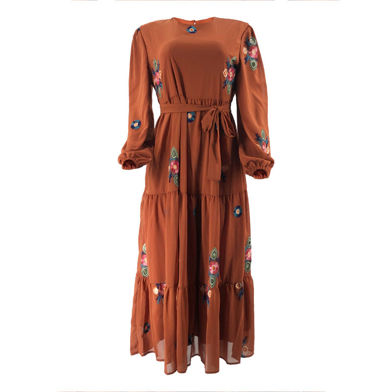 Muslim New Pure Color Embroidery With Belt Fashion Elegant Dress