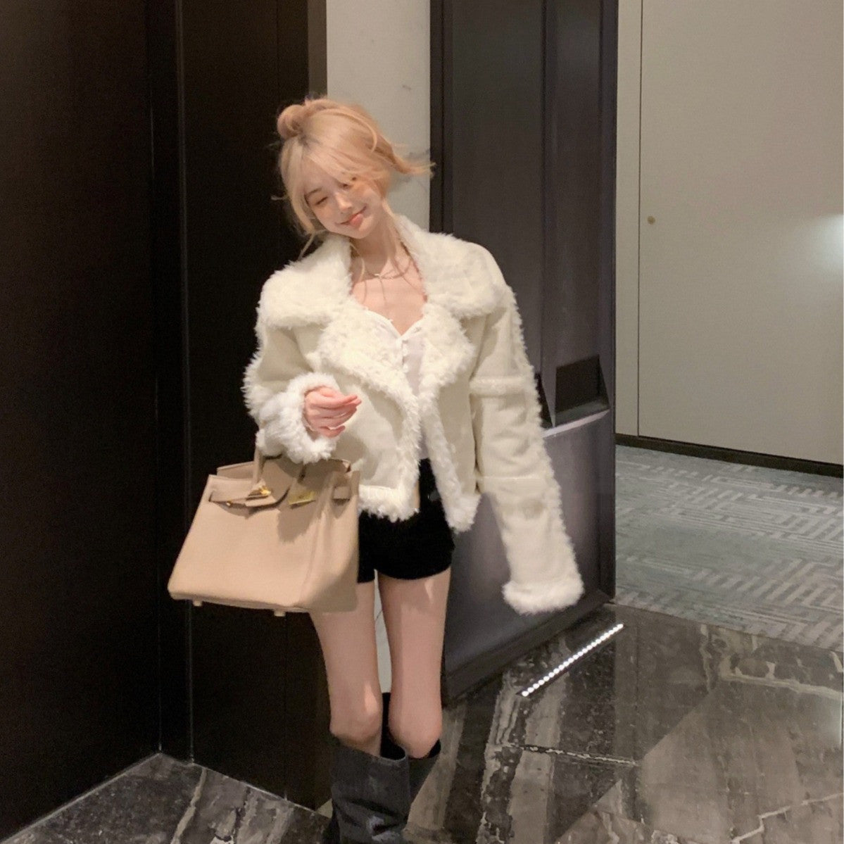 White Corduroy Short Coat For Women