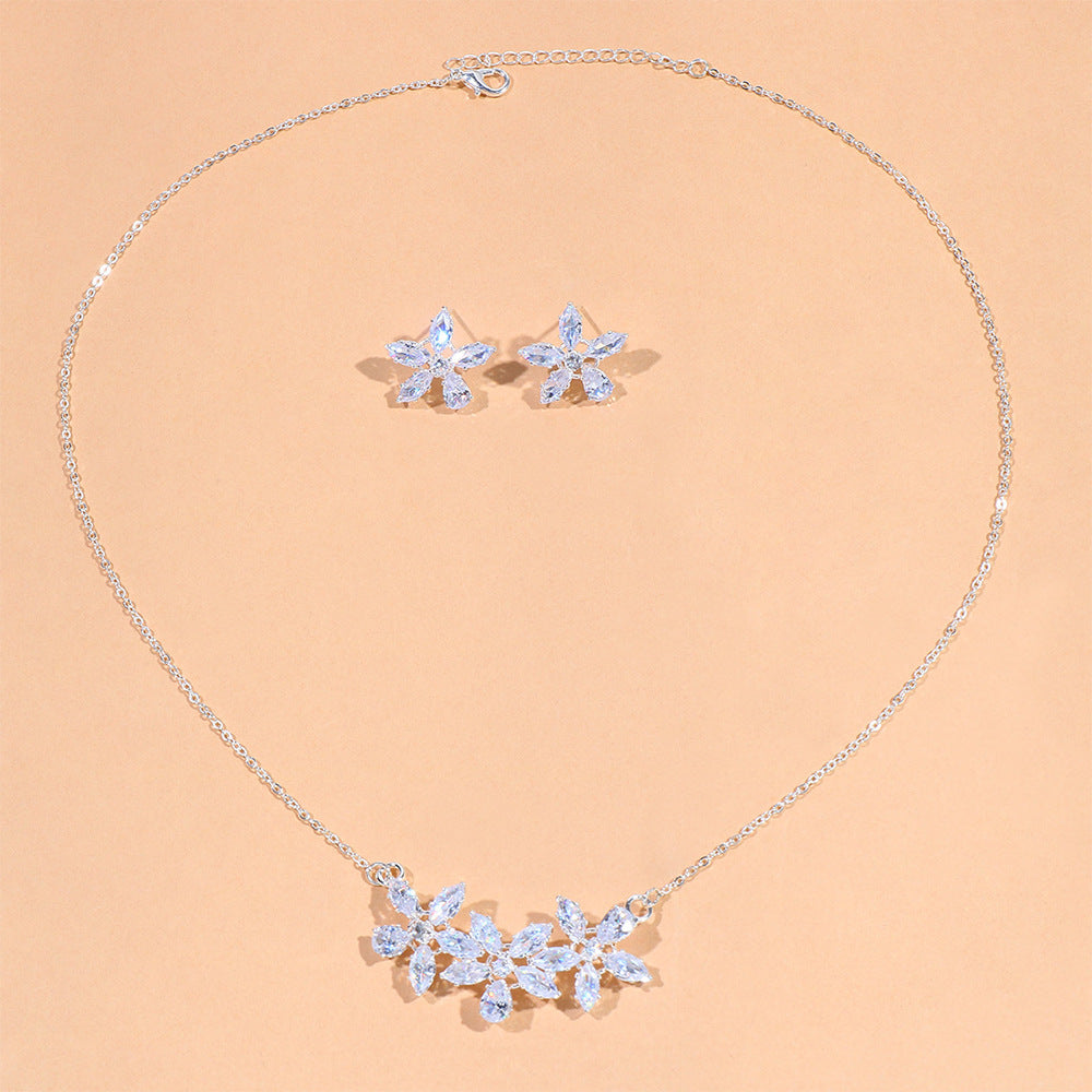 Flower Jewelry Suit Zircon Necklace Earrings