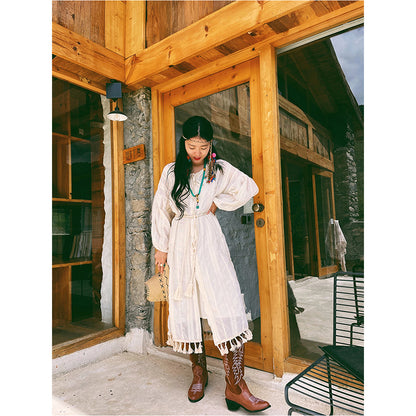 Tassel Tied Cardigan With Two Long Dresses