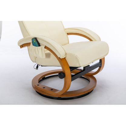PU Upholstered Massage Recliner With Ottoman Footstool, 5 Points Massager, Bentwood Base For Living Room Bedroom, Beige