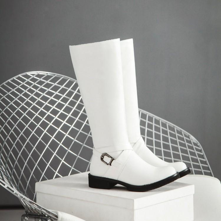Womens Boots Shoes Flat Knee High Pu Leather  Buckle Riding Calf