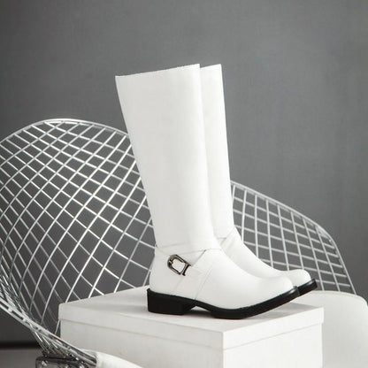 Womens Boots Shoes Flat Knee High Pu Leather  Buckle Riding Calf